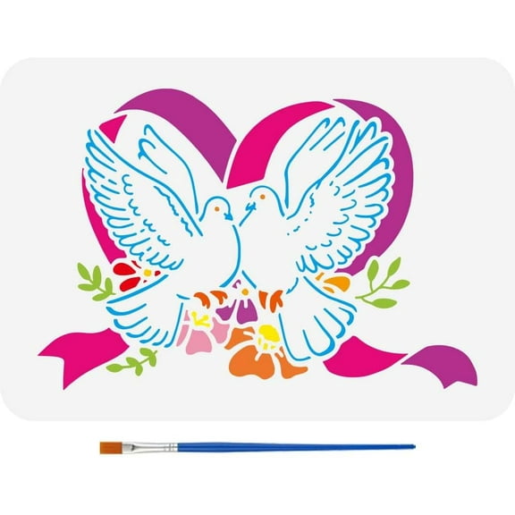 Dove and Heart Stencil 11.7x8.3 Inch Love Birds Stencil with a Paint Brush Lovebirds with Heart Painting Stencil Valentine's Day Themes Dove Drawing Templates