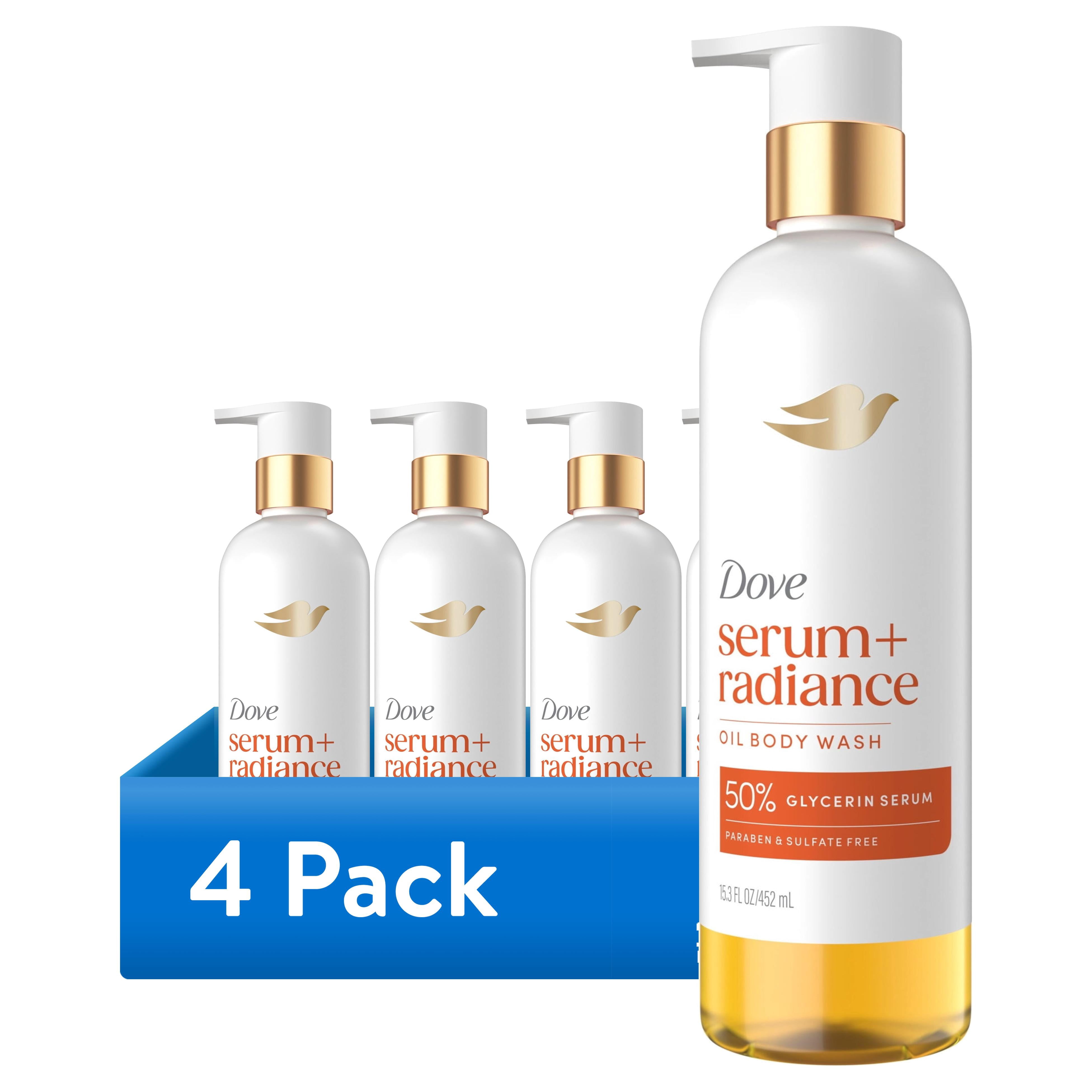(4 pack) Dove Jojoba Oil & Monoi Flower Oil Body Wash for Women Serum + Radiance for Hydrated & Repaired Skin, 15.3 fl oz
