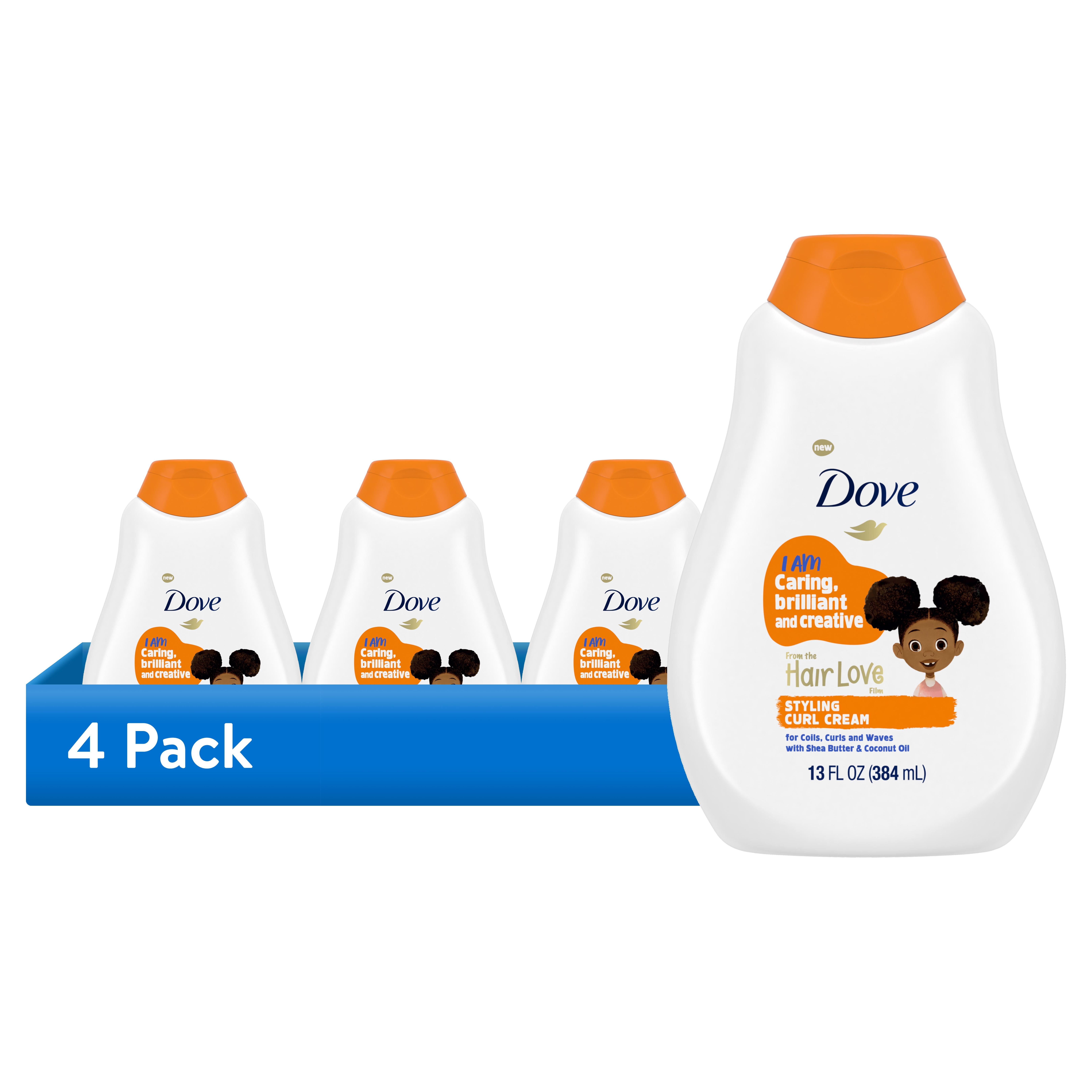 (4 pack) Dove Kids Care Styling Curl Cream for Coils, Curls and Waves Hair Love Kids Styling Cream Infused with Coconut Oil and Shea Butter, 13 fl oz