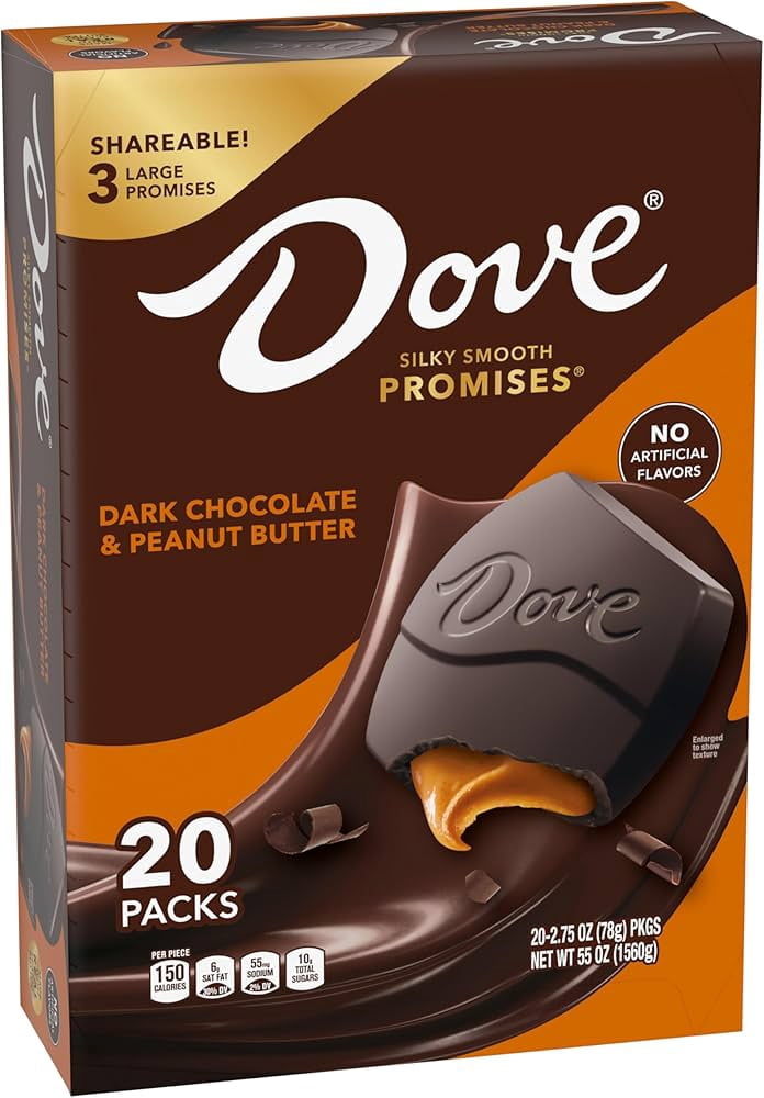 Dove Large Promises Dark Chocolate Peanut Butter Candy, 55 Oz, 20 Packs Per Carton