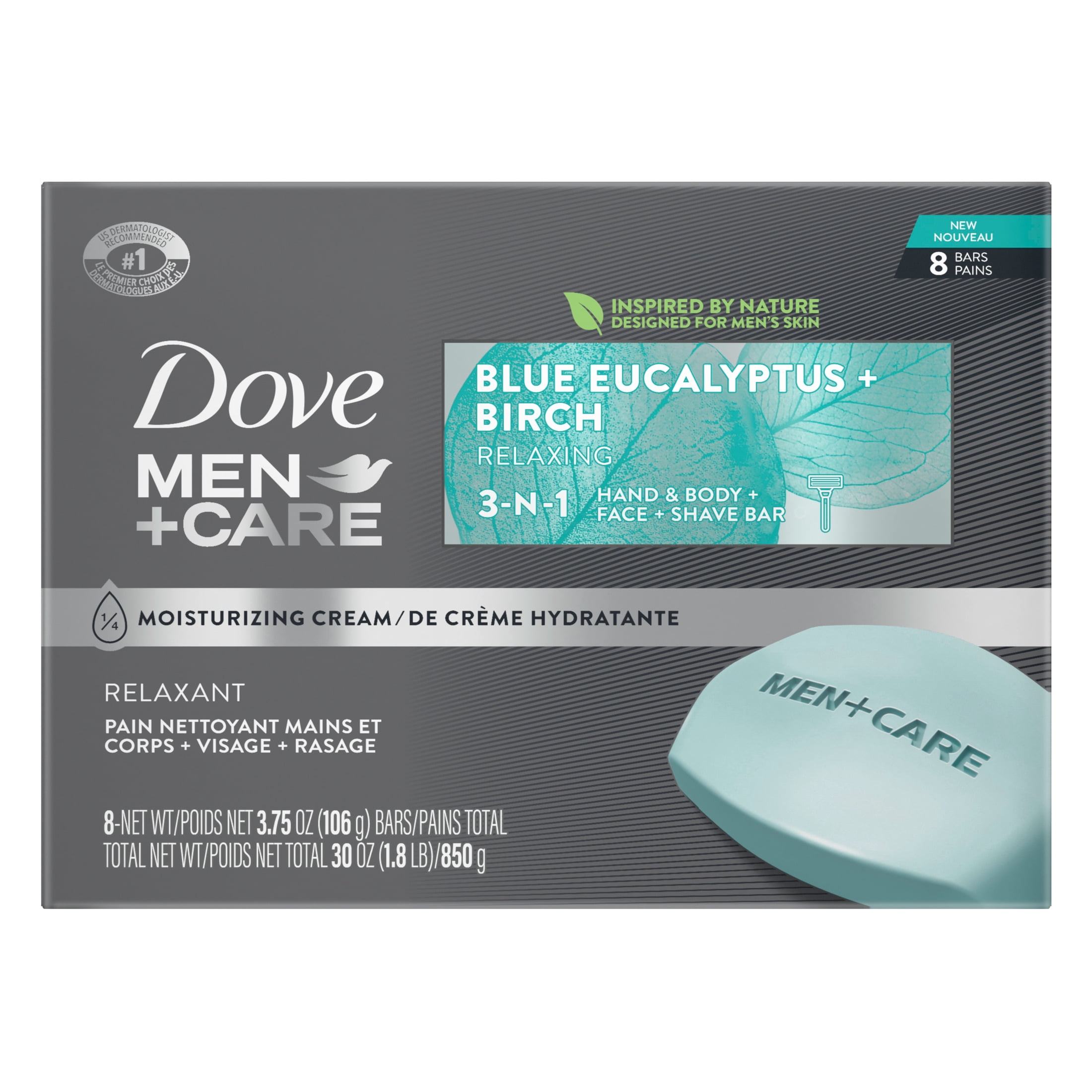 Dove Men+Care Bar 3 In 1 Cleanser For Body, Face, And Shaving For Fresh, Healthy-Feeling Skin Blue Eucalyptus Body And Facial Cleanser More Moisturizing Than Bar Soap ,3.75 oz 8 Bars