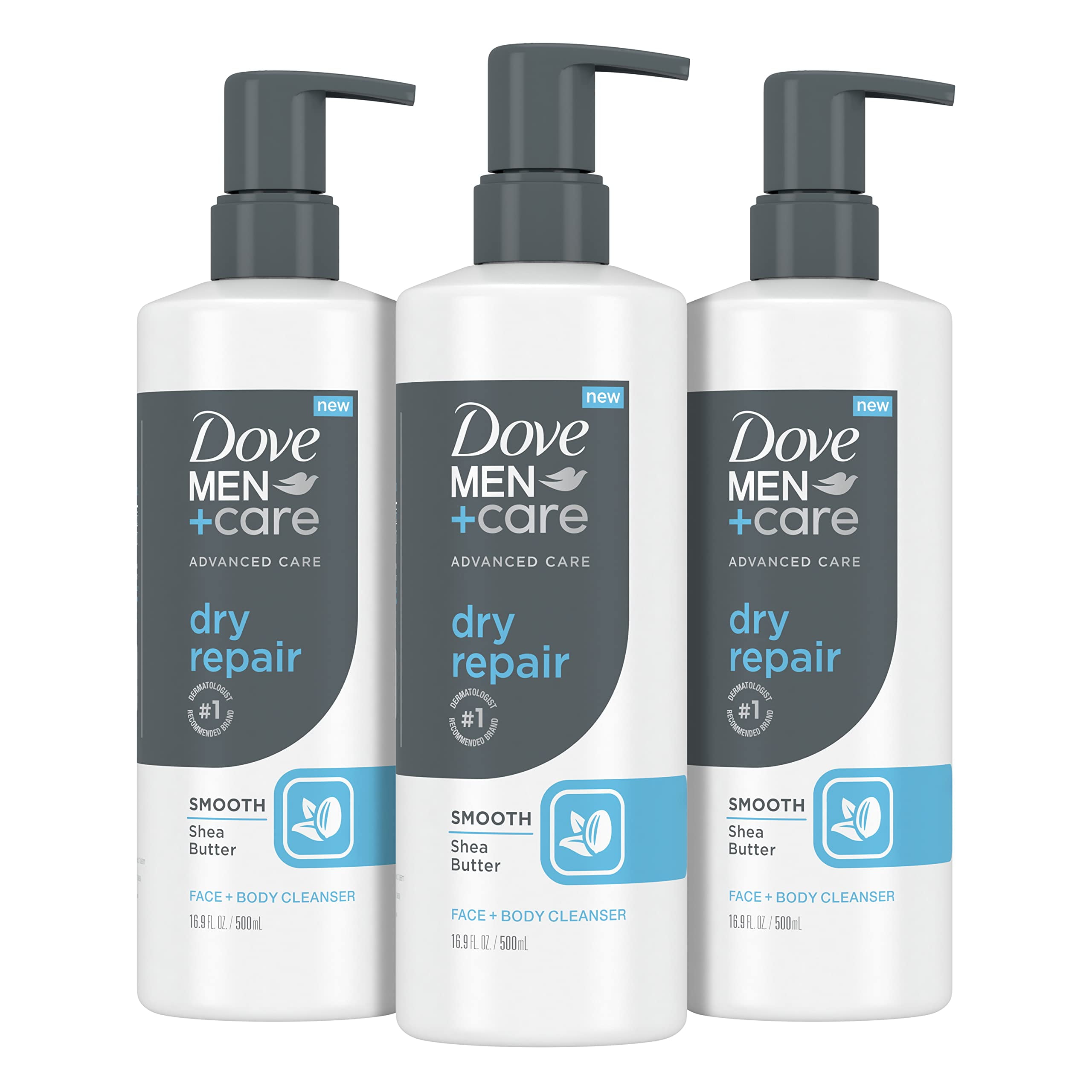 DOVE MEN + CARE Advanced Care Face + Body Cleanser Dry Repair 3 Count for Dry Skin Cleanser with Smooth Shea Butter 16.9 oz E11