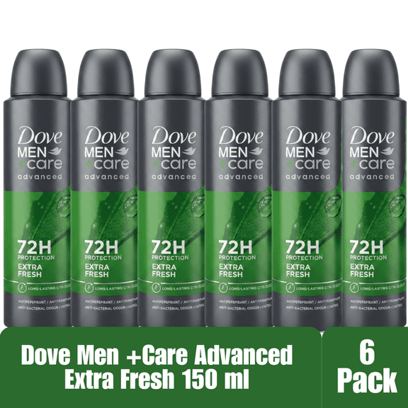 Dove Men+Care Advanced Extra Fresh Antiperspirant Deodorant Spray, 72-Hour Protection, Long-Lasting Citrus Scent, Anti-Bacterial Odor Control, 150 mL, 6-Pack