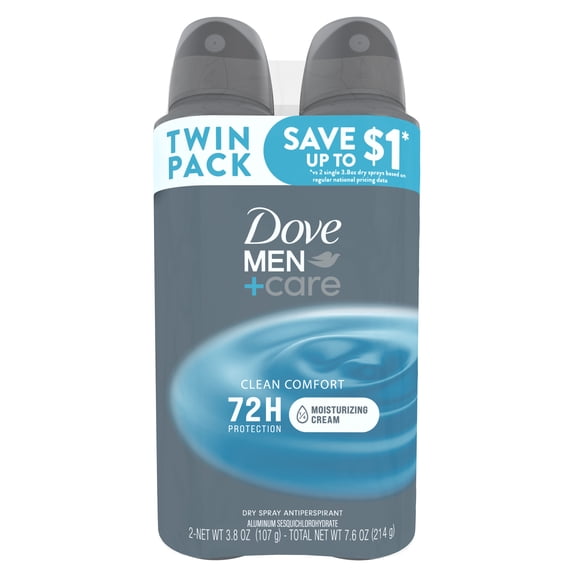 Dove Men+Care Clean Comfort Antiperspirant Deodorant Dry Spray, Twin Pack, 3.8 oz