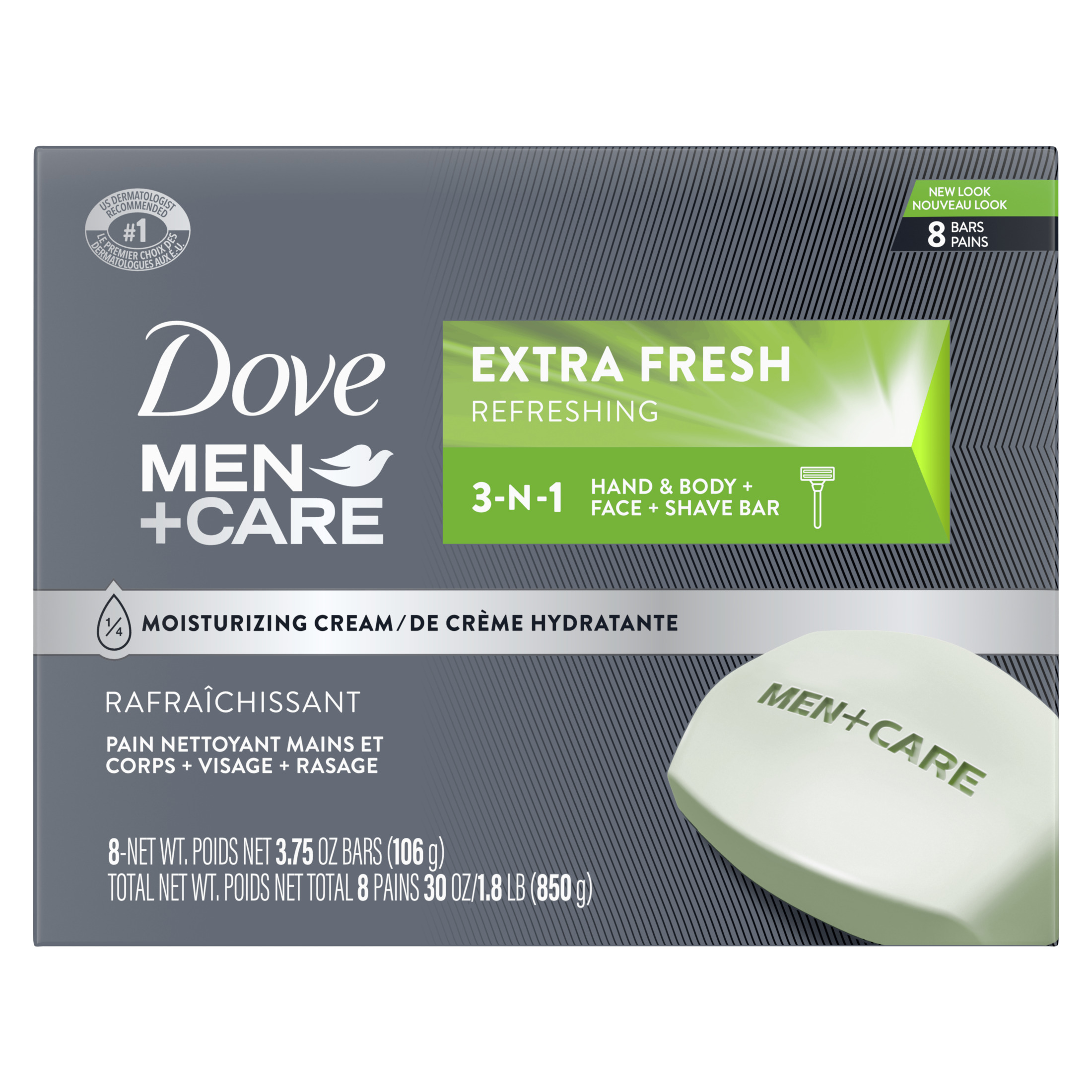 Dove Men+Care Body + Face Bar Invigorating Formula All Skin Type, Extra Fresh, 3.75 oz (8 Bars) - image 1 of 10