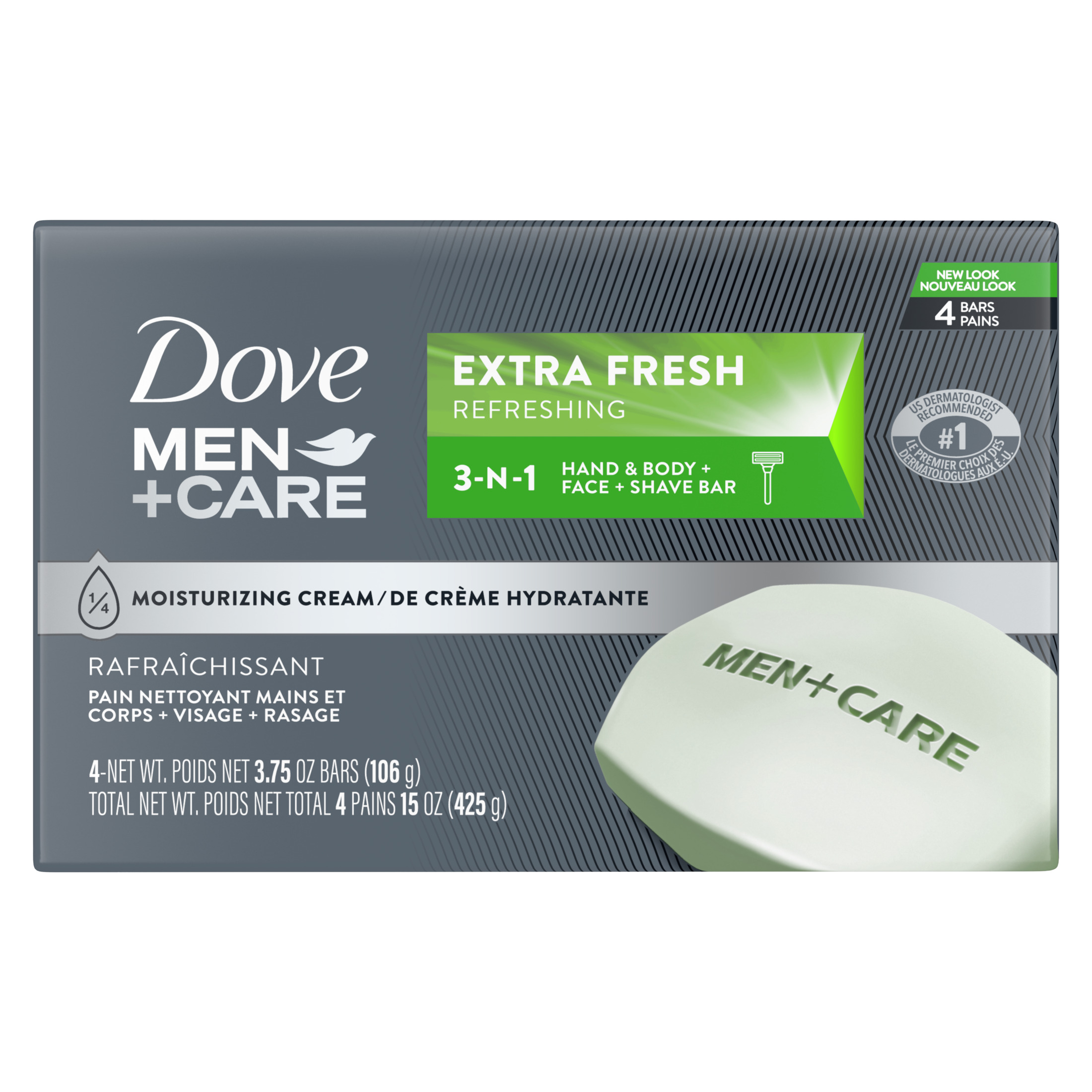 Dove Bar 3 In 1 Cleanser For Body, Face, And Shaving To Clean And Hydrate Skin Extra Fresh Body And Facial Cleanser More Moisturizing Than Bar Soap ,3.75 oz 4 Bars