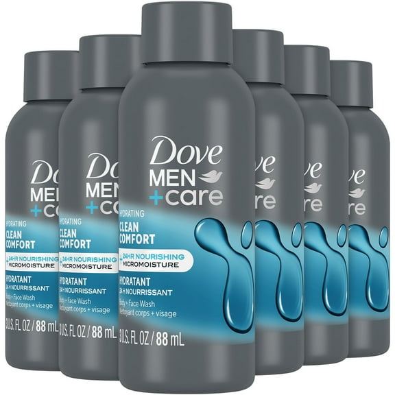Dove Men+ Care Body + Face Wash, Clean Comfort 6-Pack Hydrating Shower Gel Formula for Healthy, Smooth Skin, 3 Oz Ea