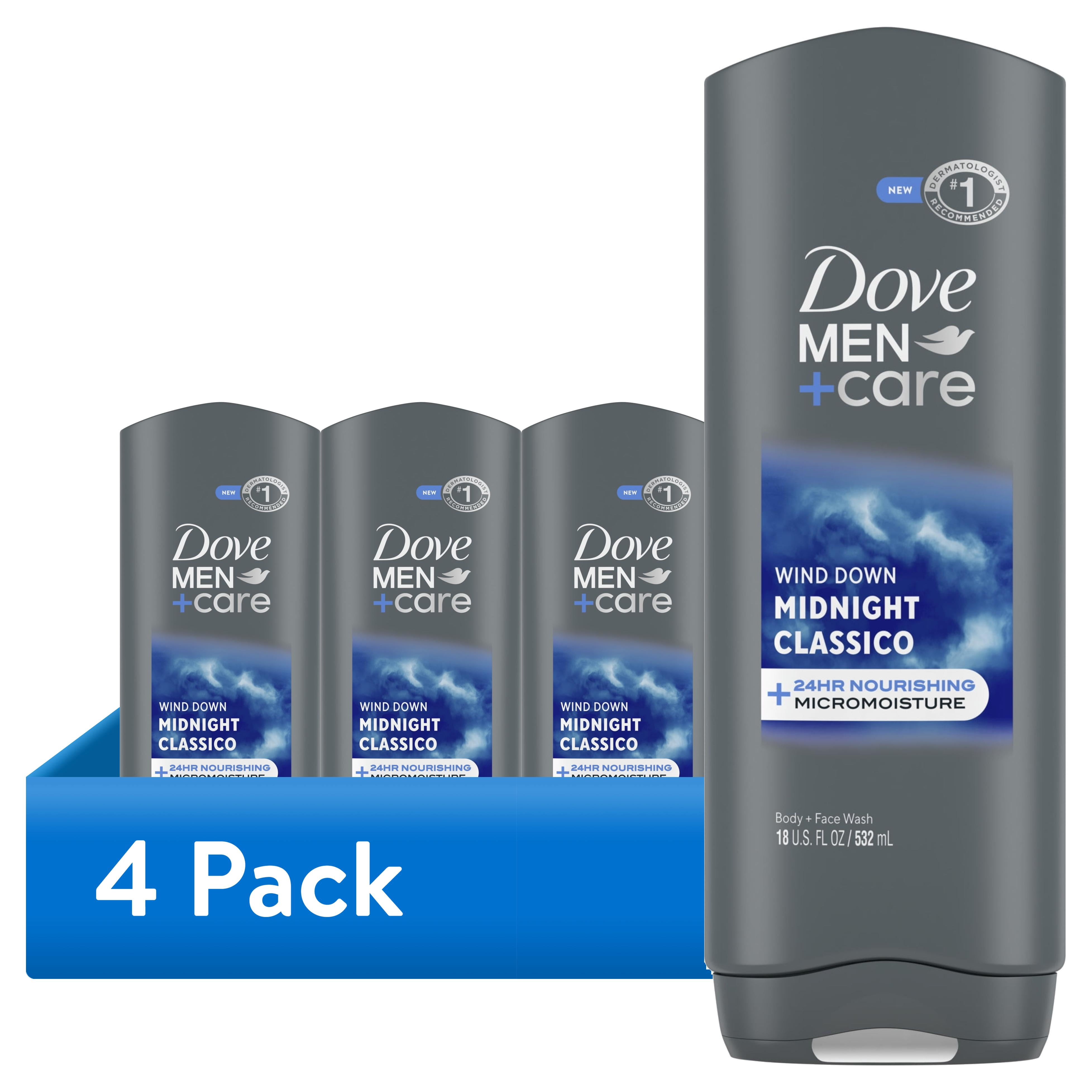 (4 pack) Dove Men+Care Body & Face Wash for Men Midnight Classico for Calm, Replenished & Hydrated Skin, 18 oz