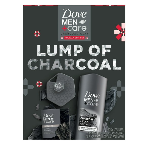 Dove Men+Care Charcoal Gift Set Body + Face Wash Exfoliating Bar Soap & Body Scrubber, 3 Count