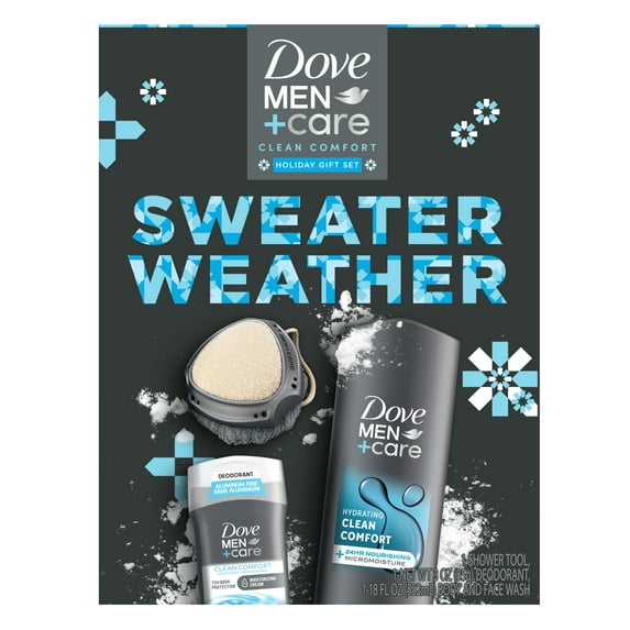 Dove Men+Care Clean Comfort Holiday Gift Set Body + Fash Wash Deodorant Stick & Shower Tool, 3 Count