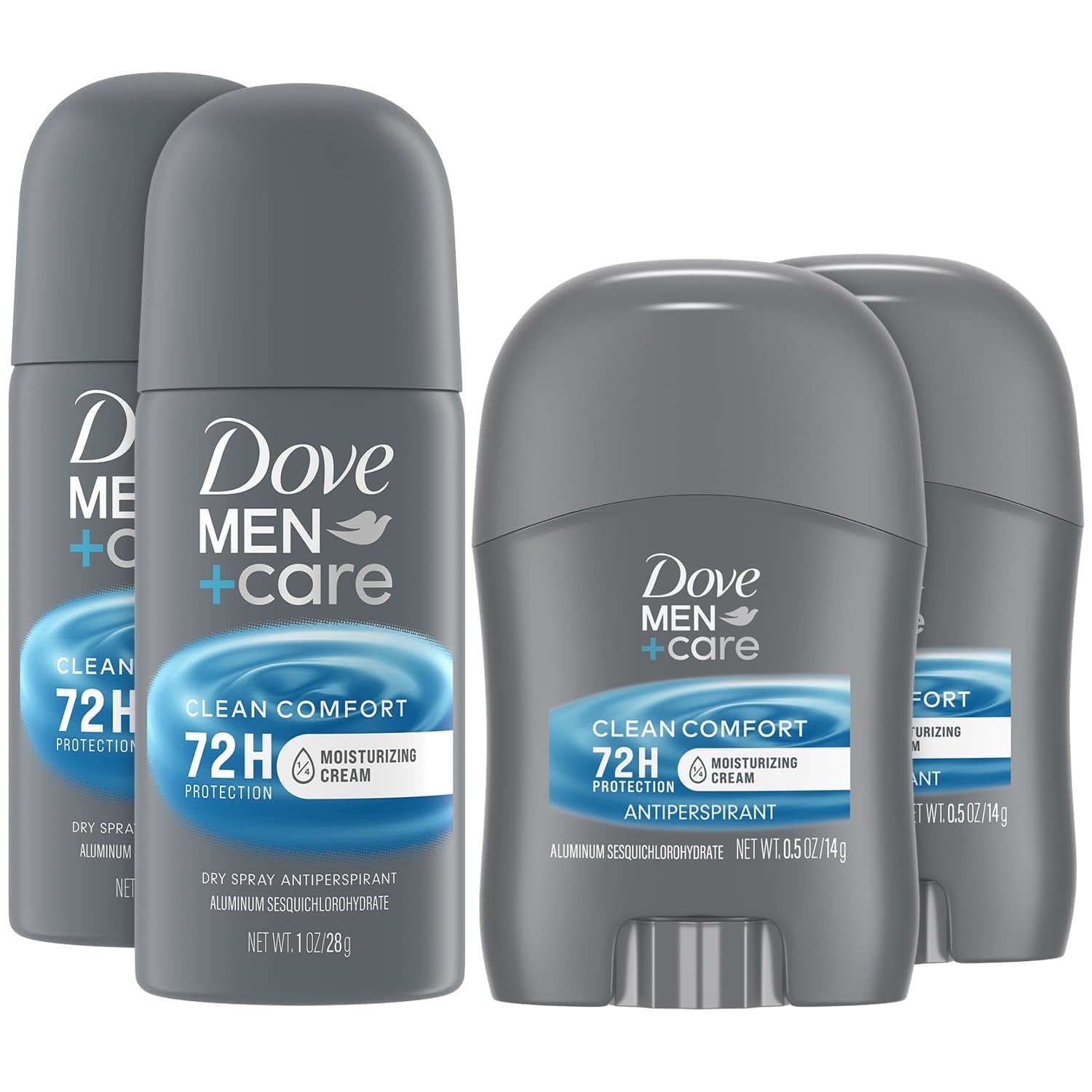 Dove Men + Care Clean Comfort Travel Antiperspirants Mens Antiperspirant Spray + Stick, 72H Protection (4 Piece Set)