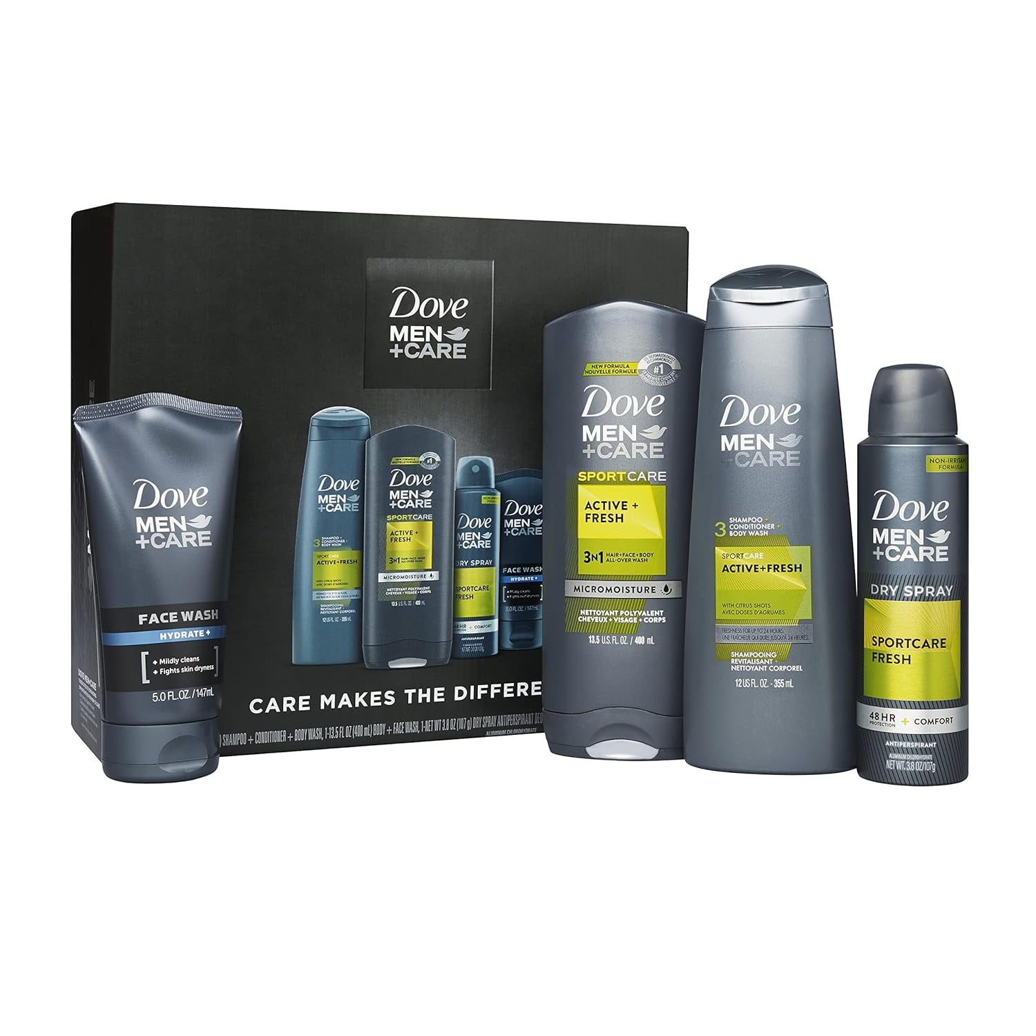 Dove Men+Care Everyday Grooming Gift Pack, Active+Fresh Body and Face Wash, Antiperspirant