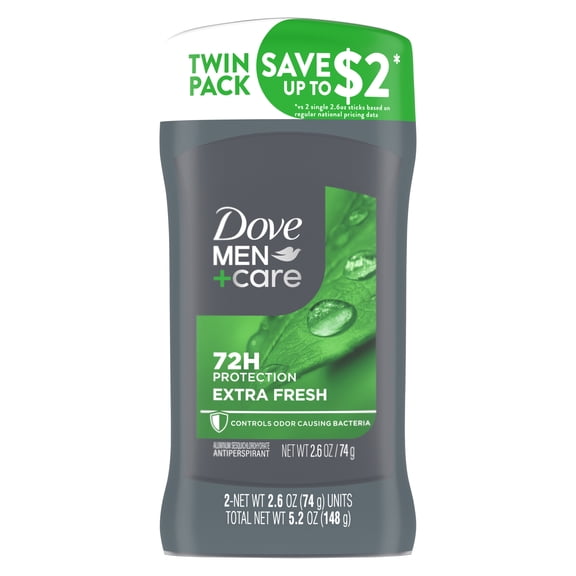 Dove Men+Care Extra Fresh Men's Antiperspirant Deodorant Stick With 72-hour sweat & odor protection Extra Fresh with 1/4 Moisturizing Cream & Long-lasting Citrus Scent, 2.6 oz Twin pack