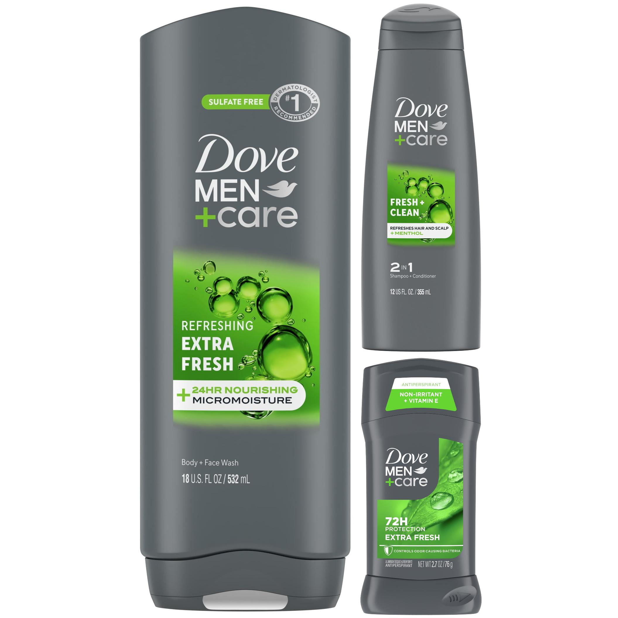 Dove Men+Care Extra Fresh Collection Body Wash, 2-in-1 Shampoo + Conditioner & Antiperspirant Deodorant Stick, 3 Count