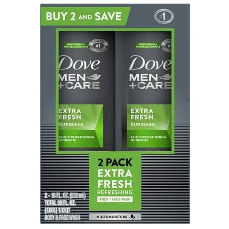 Dove Men+Care Extra Fresh Refreshing Hydrating Face and Body Wash Twin Pack, 18 fl oz