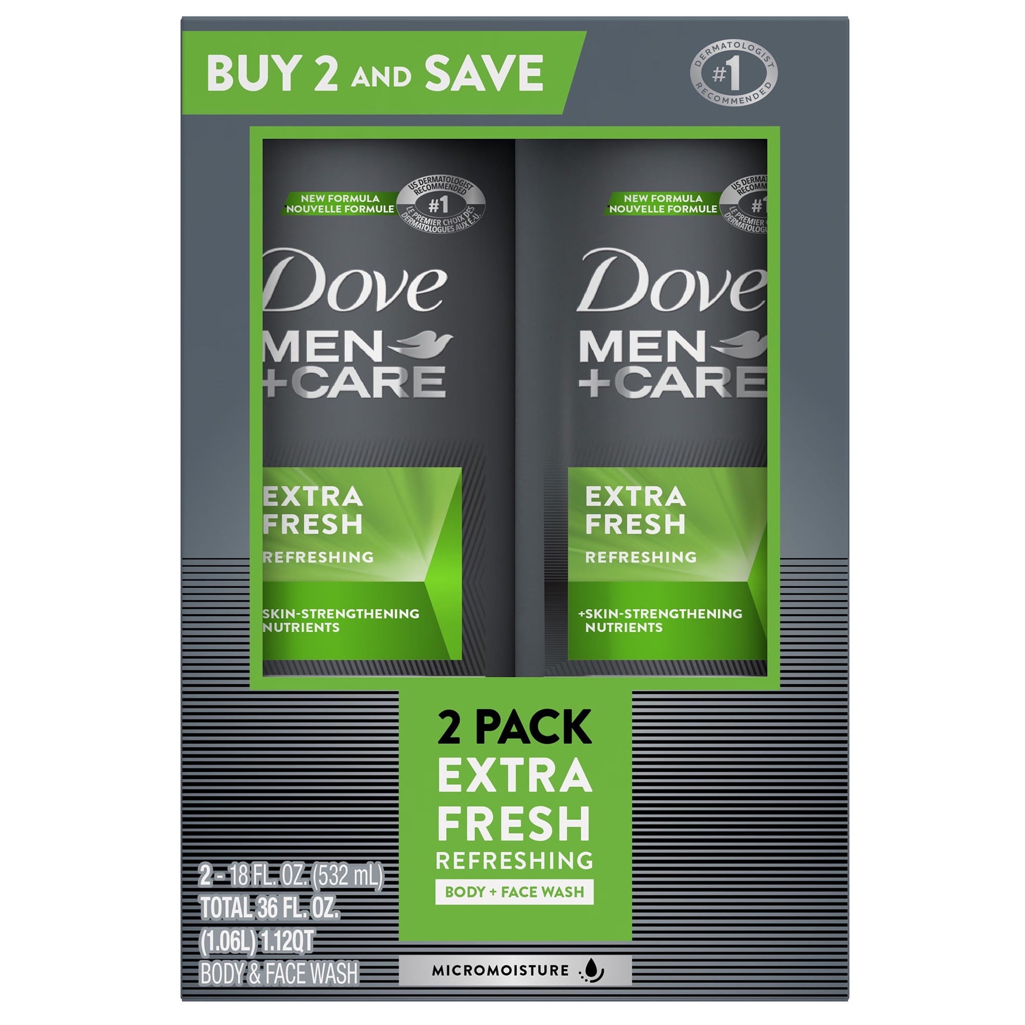 Dove Men+Care Extra Fresh Refreshing Hydrating Men's Face & Body Wash All Skin Twin Pack, 18 oz