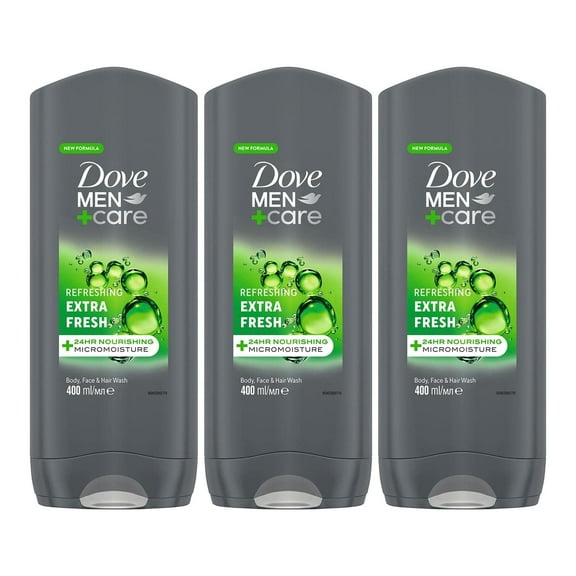 Dove Men + Care Refreshing Extra Fresh 3-In-1 Hair, Body And Face Wash Pack Of 3 With 24-Hour Nourishing Micromoisture Technology Body Wash For Men 400 Ml