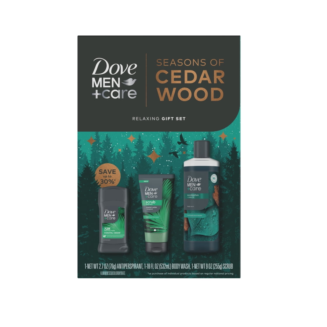 Dove Men+Care Holiday Gift Set Antirperspirant Deodorant, Body Wash & Body Scrub, Seasons of Cedarwood, 3 Count
