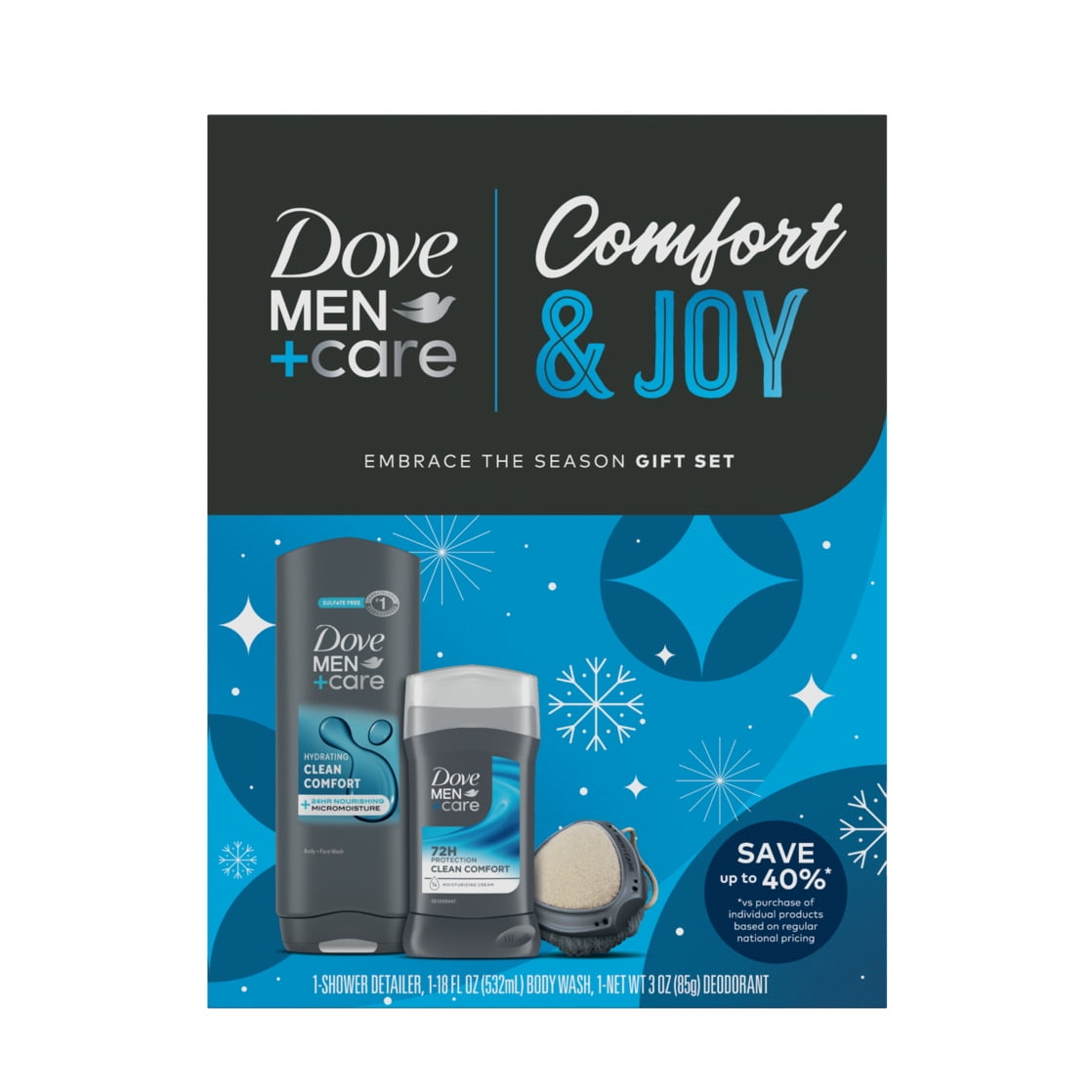 Dove Men+Care Clean Comfort Gift Set: Body & Face Wash, Deodorant Stick & Shower Tool, 3 Count