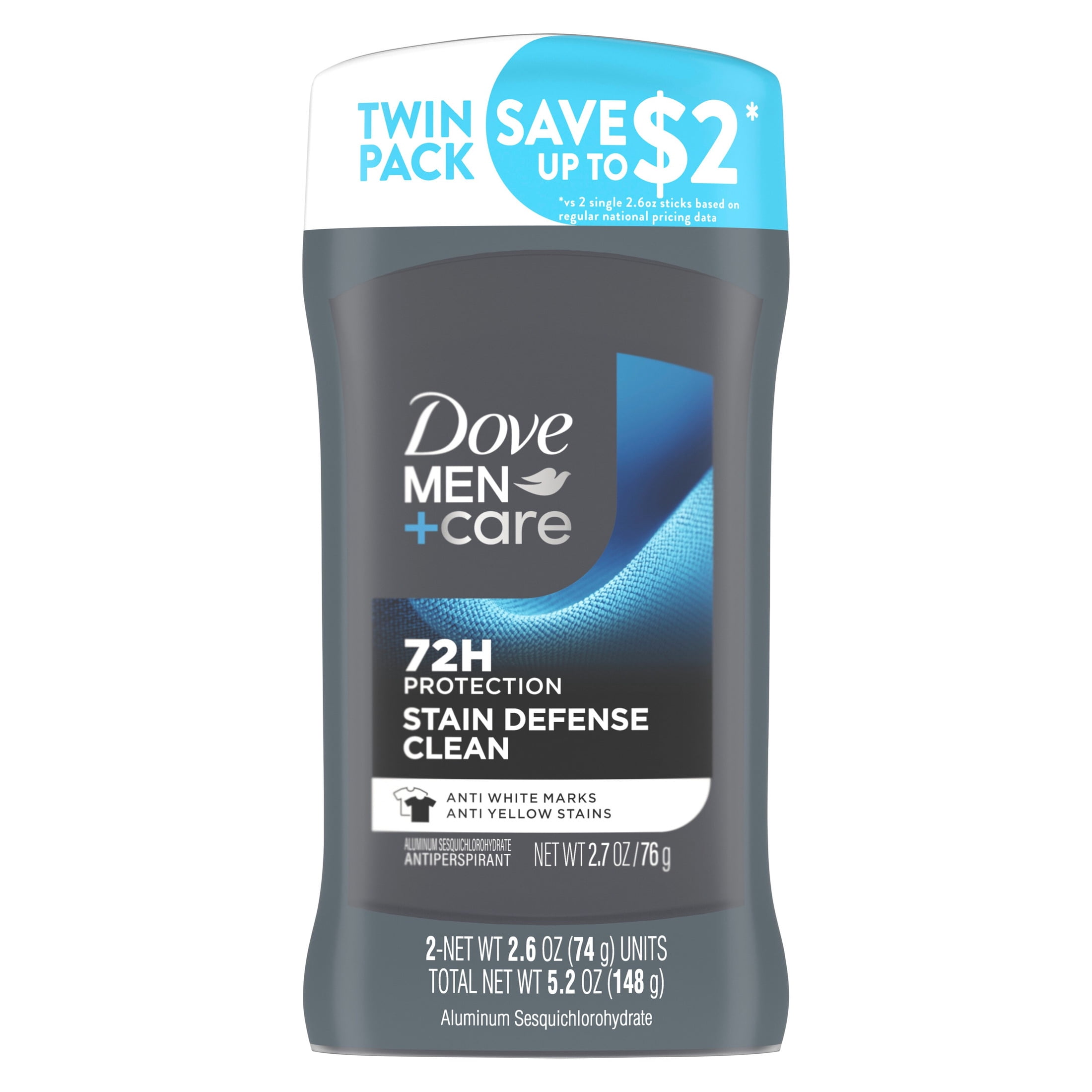 Dove Men+Care Deodorant Stick for Men, Anti-white Marks & Anti-yellow Stains Stain Defense Clean with 72-hour Sweat and Odor Protection, 2.6 oz Twin Pack
