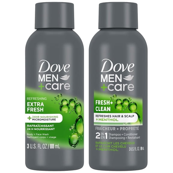 Dove Men+Care Travel-Size Body + Face Wash & 2-in-1 Shampoo Set, 3 Oz Ea | Refreshing Extra Fresh Moisturizing Face & Body Wash | Fresh + Clean Shampoo & Conditioner with Menthol | Travel Essentials
