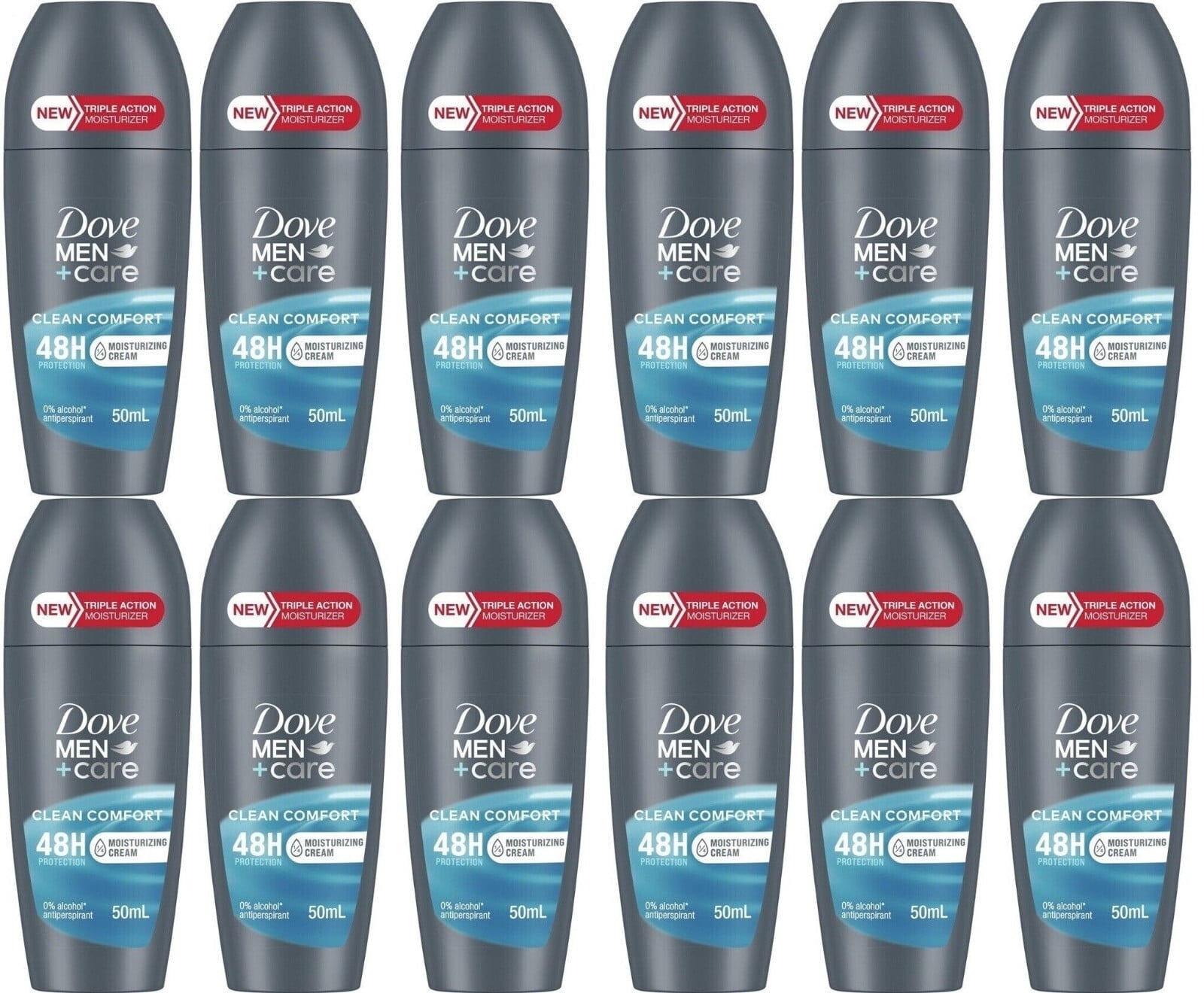 Dove Men Clean Comfort Deodorant Roll On 48 H, 50 ml Travel Size, Pack of 12