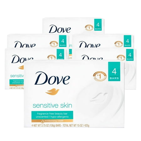 Dove Moisturizing Beauty Bar for Softer Skin, Fragrance-Free, Hypoallergenic Beauty Bar Sensitive Skin Effectively Washes Away Bacteria While Nourishing Your Skin 3.75 oz 4 Bars, Pack of 6