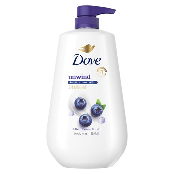 Dove Body Wash For 24hours Lotion-Soft Skin Unwind Blueberry & Moon Milk Moisturizing Skin Cleanser with No Sulfates No Parabens, 30.6 Fl oz