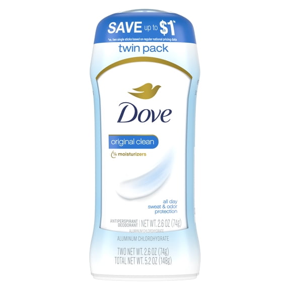 Dove Invisible Solid Antiperspirant Deodorant Stick For Women, Original Clean, For All Day Underarm Sweat & Odor Protection ,2.6 oz 2 Count