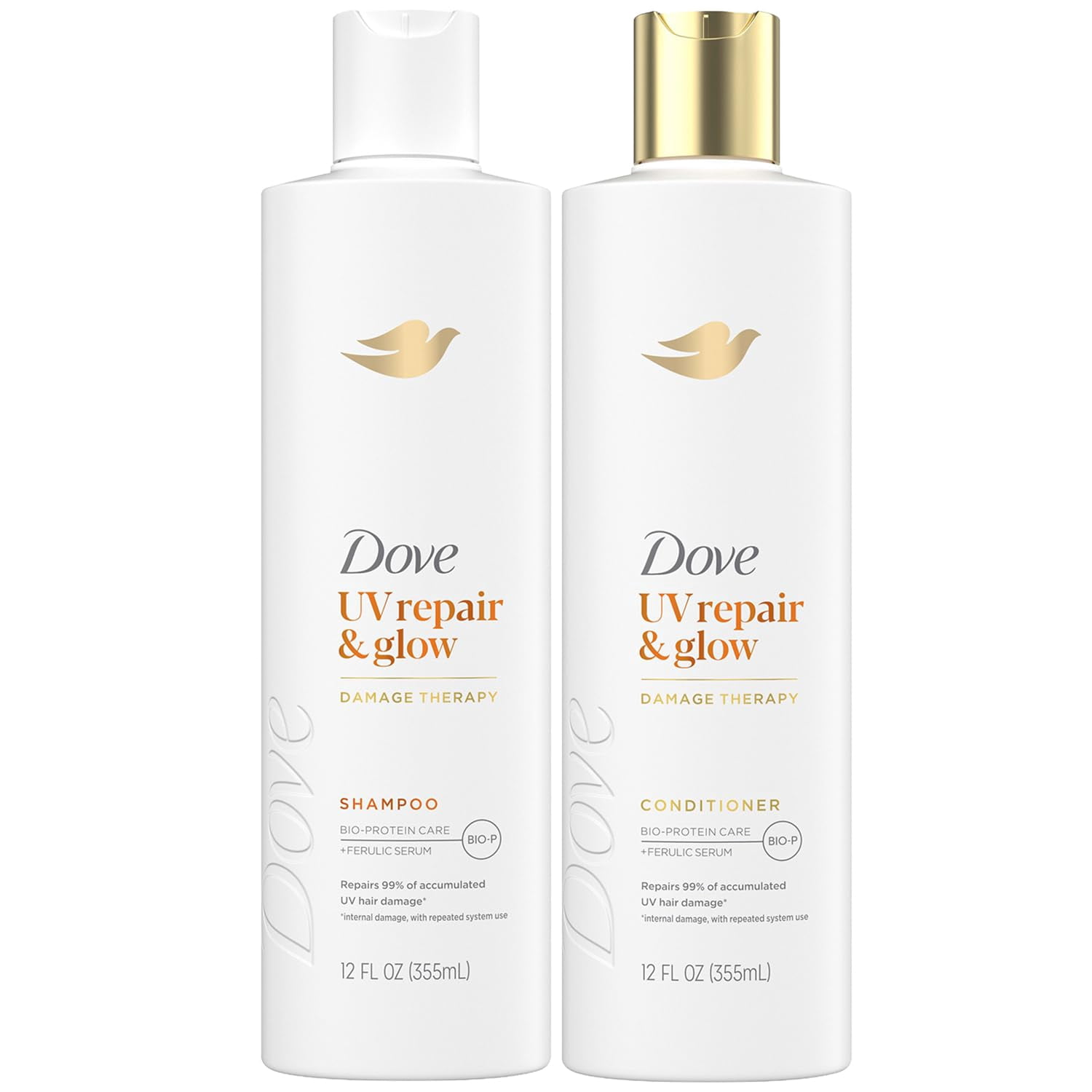 Dove Damage Therapy Shampoo and Conditioner Set – UV Repair and Glow with Ferulic Serum and BioProtein Care, 12 Oz Ea