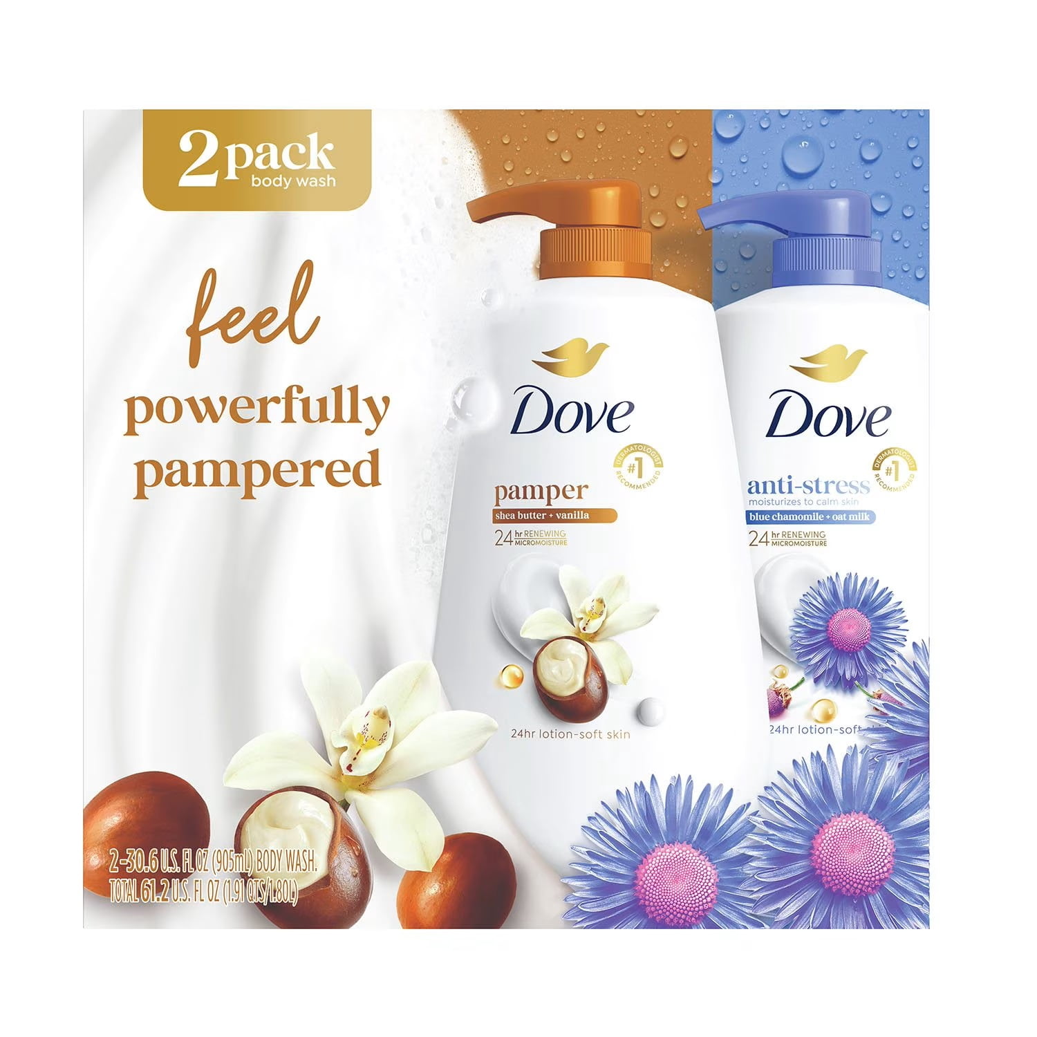 Dove Pamper & Anti-Stress Body Wash, 30.6 Oz, Pack of 2