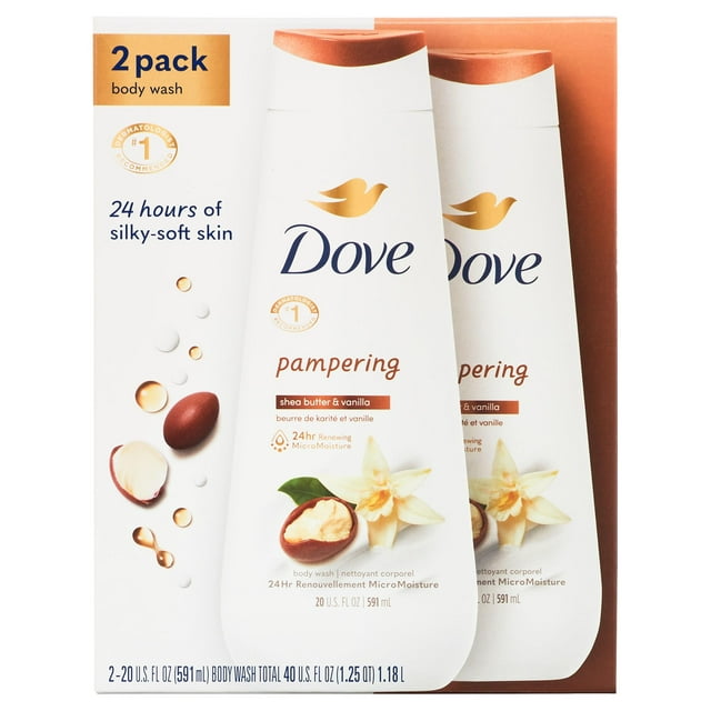 Dove Pampering Gentle Women's Body Wash All Skin Type, Shea Butter & Vanilla, 20 fl oz Twin Pack