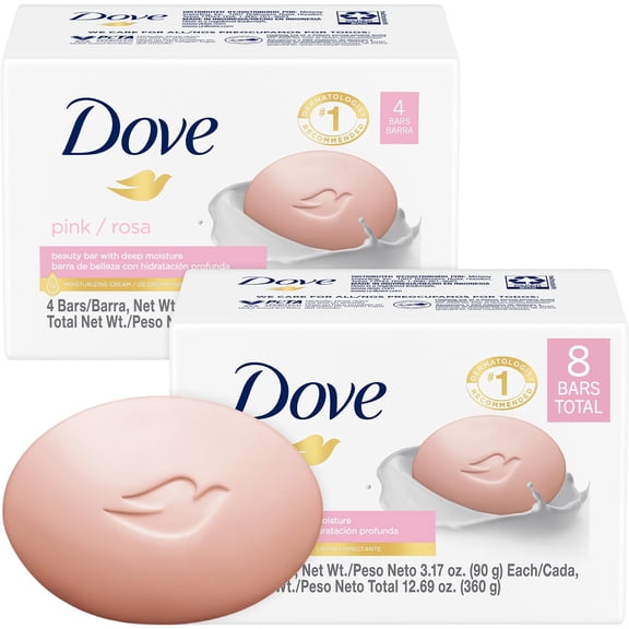Dove Soap, Pink Beauty Bar 2-Pack (8 Soap Bars) 3-in-1 Moisturizing Face, Body & Hand Soap, 3.17 Oz Ea
