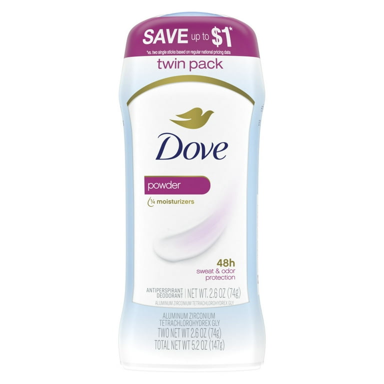 Dove Sweat and Odor Protection Women's Antiperspirant Deodorant Stick Twin Pack, Powder, 2.6 oz