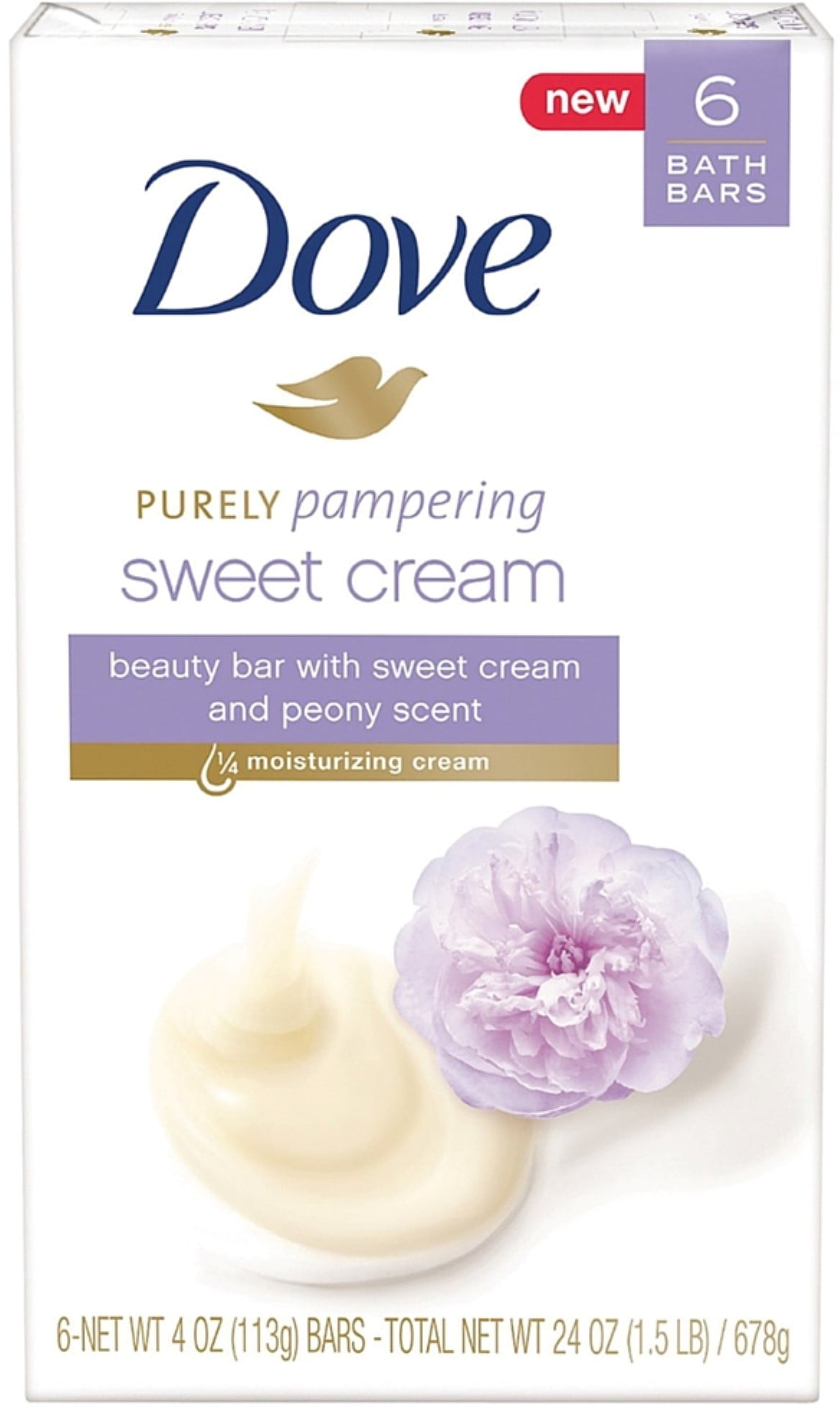 Dove Purely Pampering Beauty Bar, Sweet Cream & Peony, 4 oz bars, 6 ea (Pack of 3)