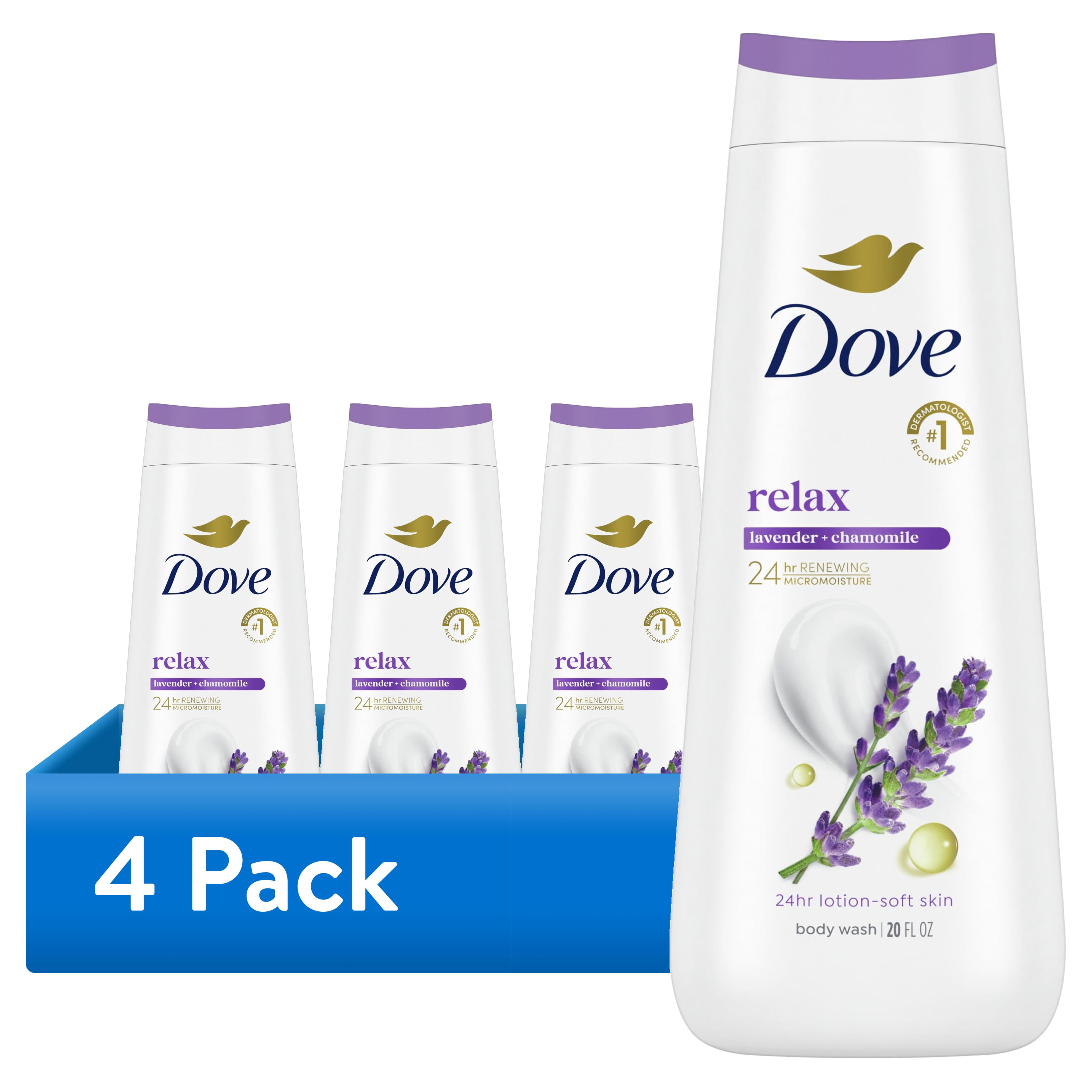 (4 pack) Dove Body Wash For 24hr Lotion-Soft Skin Relax Lavender Oil & Chamomile Moisturizing Skin Cleanser With No Sulfates No Parabens ,20 fl oz