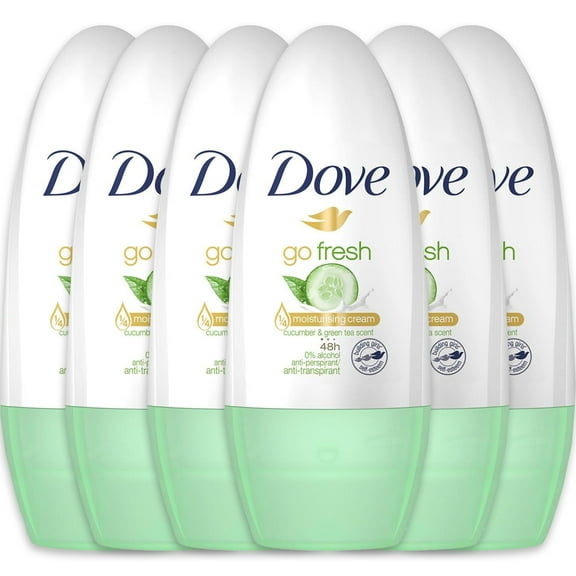 Dove Roll on Deodorant, 6 Pack, Travel Size TSA Approved, Cucumber and Green Tea Scent Antiperspirant Deodorant for Women, 48 Hour Sweat Protection, On The Go, 1.4 oz. Each
