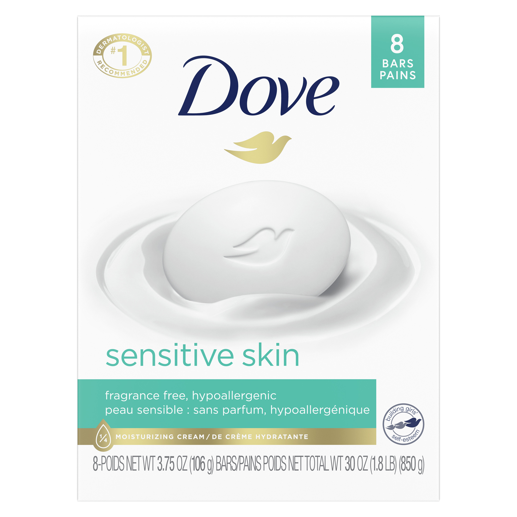Dove Sensitive Skin Gentle Beauty Bar Soap, Unscented, 3.75 oz (8 Bars) - image 1 of 9