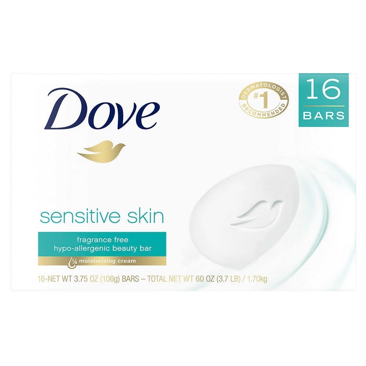 Dove Sensitive Skin Gentle Beauty Bar Soap, Unscented, 3.75 oz (8 Bars ...