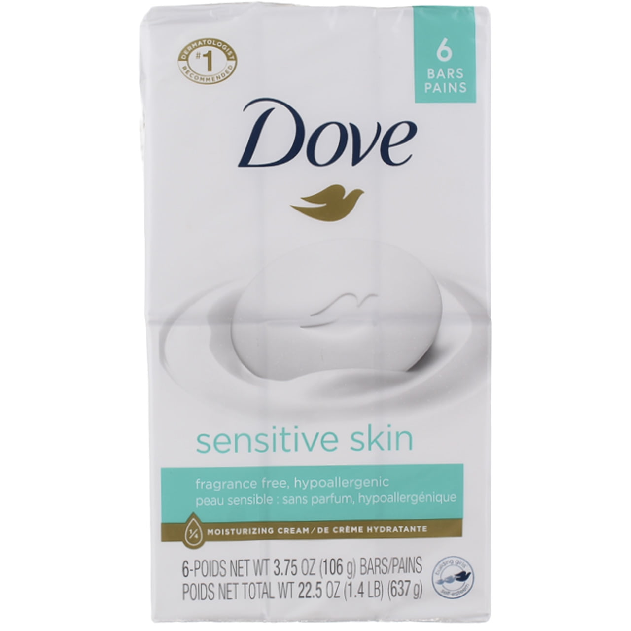 Dove Sensitive Skin Moisturizing Beauty Bar Soap, Fragrance Free, 3.75 oz, 6 Ct
