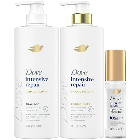 Dove Shampoo, Conditioner & Serum Set, Intensive Repair Damage Therapy Bio-Protein Care Formulas for Restoring Dry, Damaged Hair (3 Piece Set)