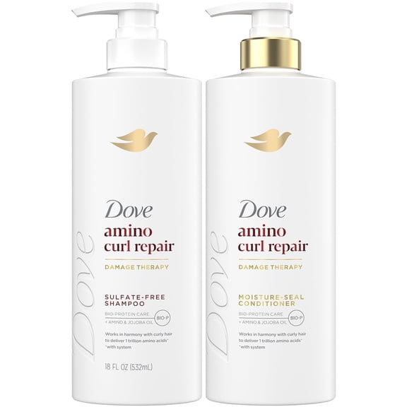 Dove Shampoo and Conditioner Set, Amino Curl Repair  Damage Therapy Bio-Protein Care Formulas for Revitalizing Coily, Curly Hair, 18 Oz Ea