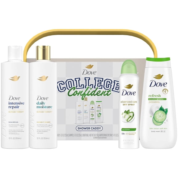 Dove Shower Caddy College Confident Gift Set Cucumber & Green Tea Body Wash, Intensive Repair Shampoo, Daily Moisture Conditioner, Cool Essentials Deodorant for Women (5 Piece Set)