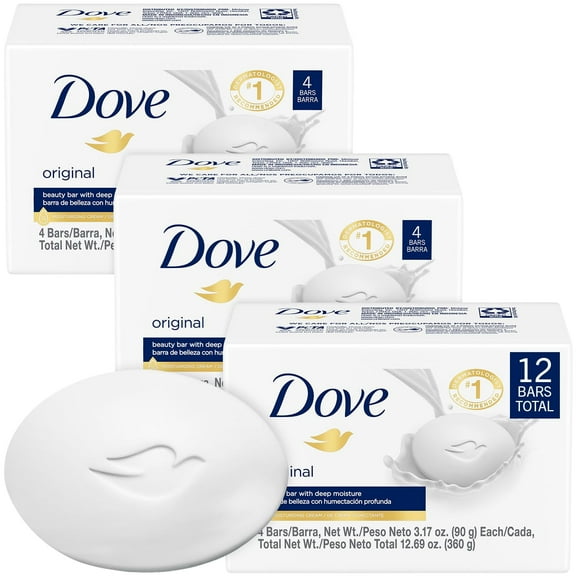 Dove Soap, Original Beauty Bar 3-Pack (12 Soap Bars) 3-in-1 Moisturizing Face, Body & Hand Soap, 3.17 Oz Ea