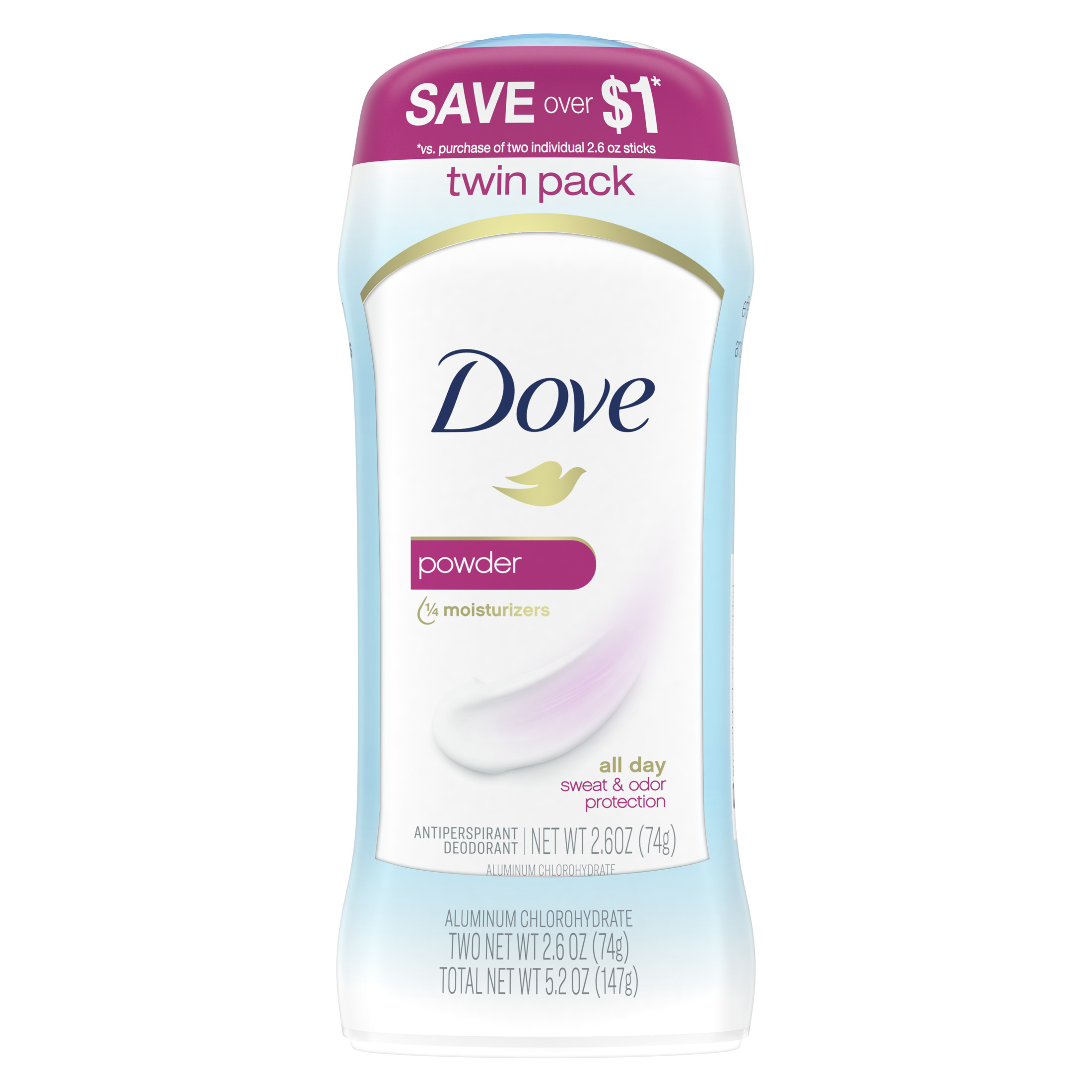 Dove Sweat and Odor Protection Women's Antiperspirant Deodorant Stick Twin Pack, Powder, 2.6 oz - image 1 of 11