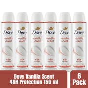 Dove Vanilla Antiperspirant Deodorant Spray, 48-Hour Protection, Long-Lasting Fragrance, 0% Alcohol, 1/4 Moisturizing Cream, 150 mL, 6-Pack