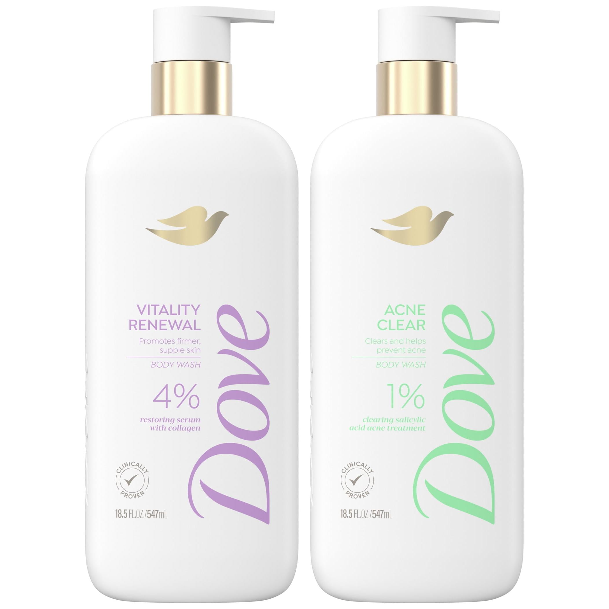 Dove Vitality Renewal & Acne Clear Body Wash Set - 2 x Vitality Renewal Firming Body Wash with 4% Restoring Serum & 1 x Acne Clear Women’s Body Wash with 1% Salicylic Acid, 18.5 oz