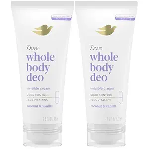 Dove Whole Body Deo Aluminum Free Invisible Cream Deodorant Coconut & Vanilla for 72h Odor Control, 2.5 oz (Pack of 2)