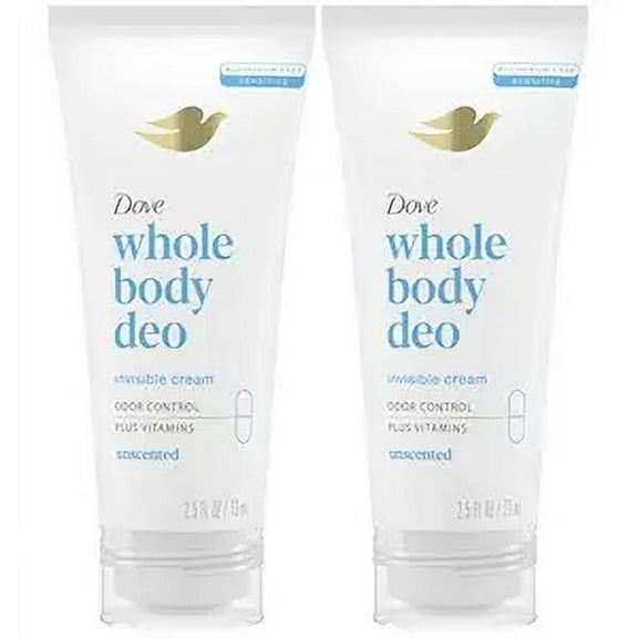 Dove Whole Body Deo Aluminum Free Invisible Cream Deodorant Unscented for 72h Odor Control, 2.5 oz (Pack of 2)