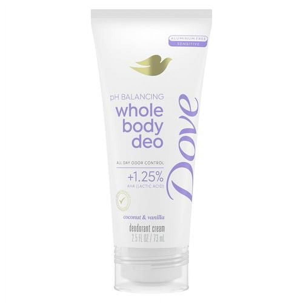 Dove Whole Body Deo Aluminum Free Ph Balancing Cream Deodorant Coconut & Vanilla For 72H Odor Control 2.5 Oz Packaging May Vary - Pack of 2